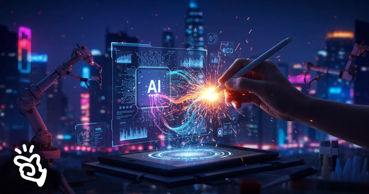 Artist’s hand with stylus blends with Manus AI data streams in a neon-lit 2025 cityscape, with robotic arms automating tasks in the background.