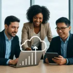 Entrepreneurs collaborating in a modern office using laptops and tablets with cloud technology visuals and growth charts.