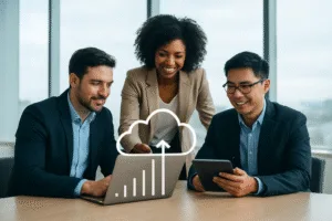 Entrepreneurs collaborating in a modern office using laptops and tablets with cloud technology visuals and growth charts.