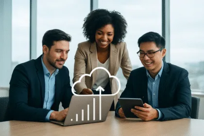 Entrepreneurs collaborating in a modern office using laptops and tablets with cloud technology visuals and growth charts.