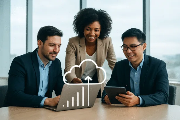 Entrepreneurs collaborating in a modern office using laptops and tablets with cloud technology visuals and growth charts.