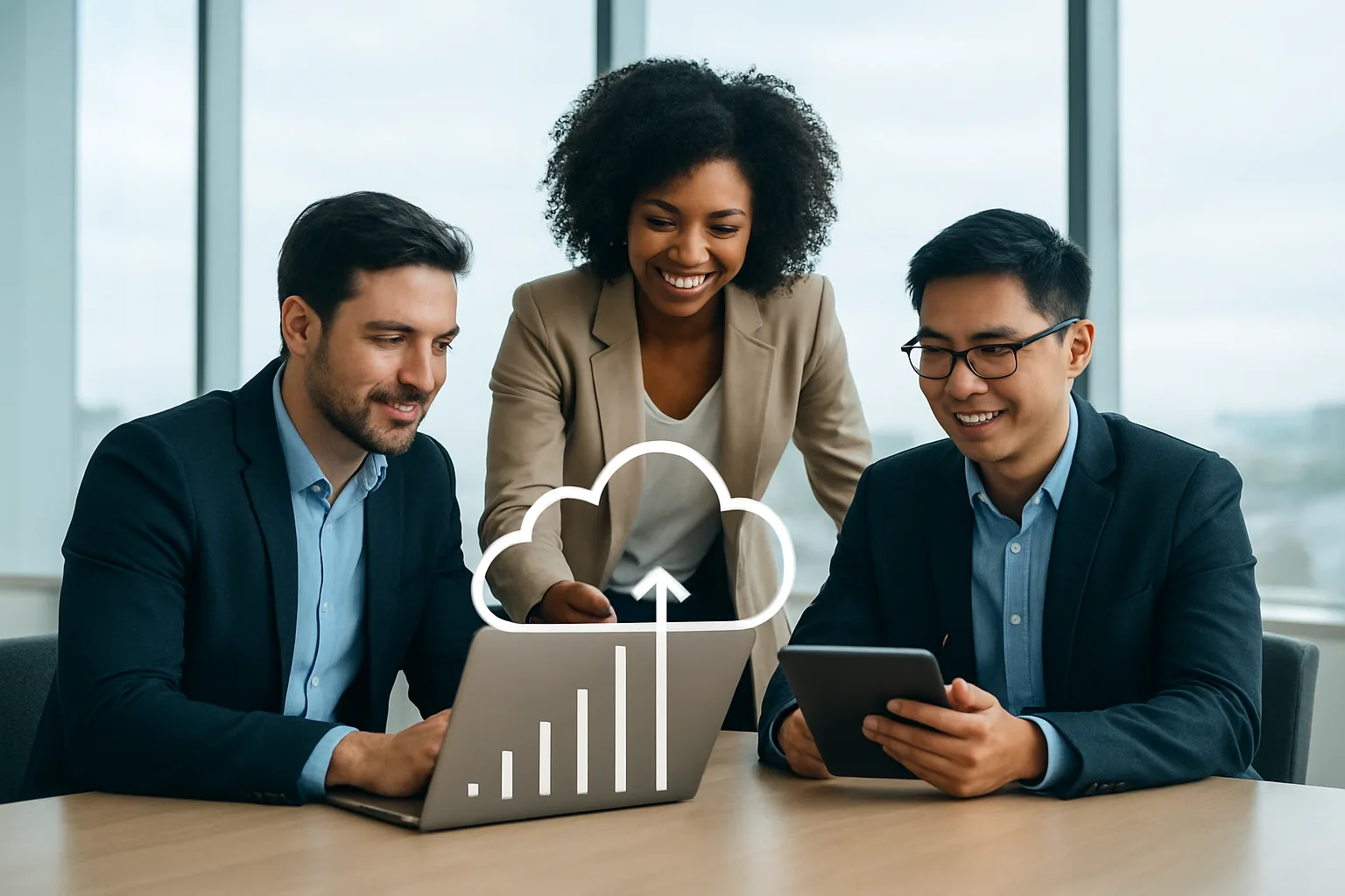 Entrepreneurs collaborating in a modern office using laptops and tablets with cloud technology visuals and growth charts.