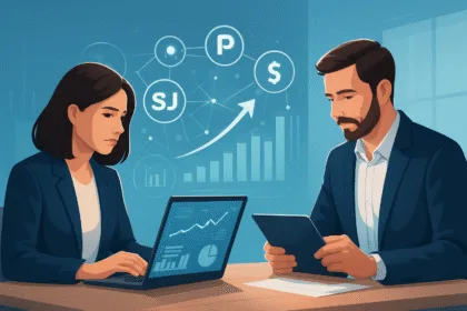 Entrepreneurs analyzing affiliate marketing dashboards with digital charts and growth visuals in a modern office, symbolizing top affiliate networks in 2025.