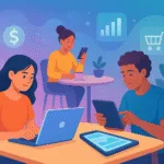 Entrepreneurs working from laptops, tablets, and smartphones in a bright modern setting, symbolizing the best ways to make money online in 2025
