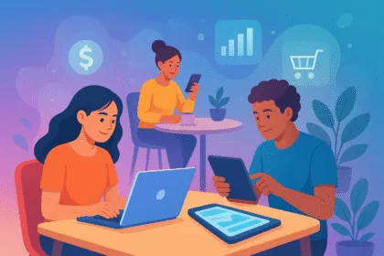 Entrepreneurs working from laptops, tablets, and smartphones in a bright modern setting, symbolizing the best ways to make money online in 2025