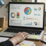 Modern workspace with a laptop showing graphic design elements, color swatches, and sketchpads symbolizing professional design tips for business success.