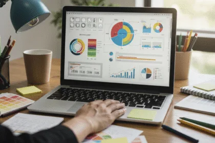 Modern workspace with a laptop showing graphic design elements, color swatches, and sketchpads symbolizing professional design tips for business success.
