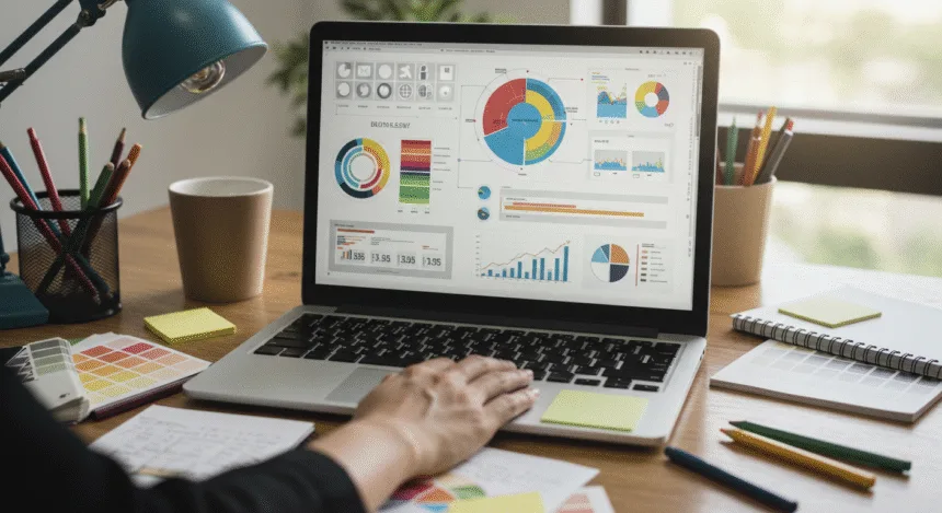Modern workspace with a laptop showing graphic design elements, color swatches, and sketchpads symbolizing professional design tips for business success.