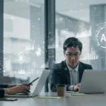 Entrepreneurs in a modern office reviewing AI-driven charts and digital data flows, symbolizing AI automation and business profit growth