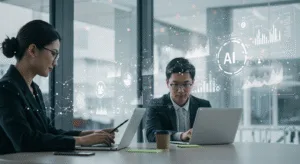 Entrepreneurs in a modern office reviewing AI-driven charts and digital data flows, symbolizing AI automation and business profit growth