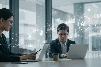 Entrepreneurs in a modern office reviewing AI-driven charts and digital data flows, symbolizing AI automation and business profit growth