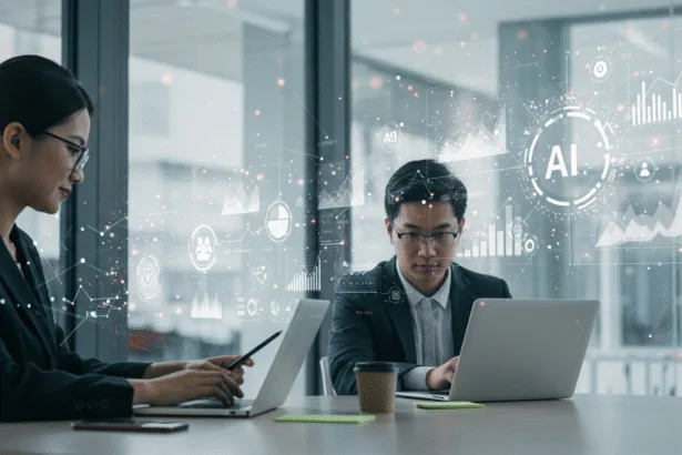 Entrepreneurs in a modern office reviewing AI-driven charts and digital data flows, symbolizing AI automation and business profit growth