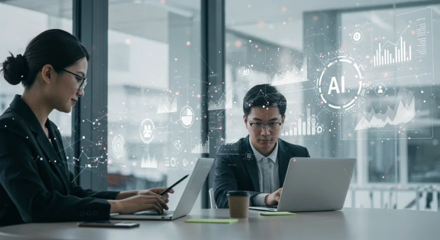 Entrepreneurs in a modern office reviewing AI-driven charts and digital data flows, symbolizing AI automation and business profit growth