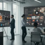 Entrepreneurs reviewing creative video ads on laptops and big screens in a modern office, symbolizing business growth through video marketing.