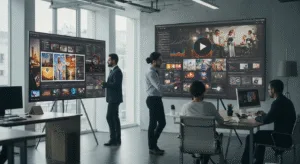 Entrepreneurs reviewing creative video ads on laptops and big screens in a modern office, symbolizing business growth through video marketing.
