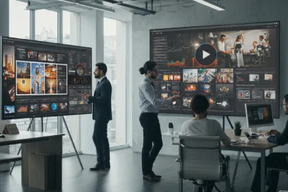 Entrepreneurs reviewing creative video ads on laptops and big screens in a modern office, symbolizing business growth through video marketing.