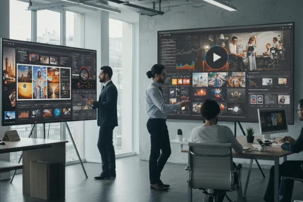 Entrepreneurs reviewing creative video ads on laptops and big screens in a modern office, symbolizing business growth through video marketing.