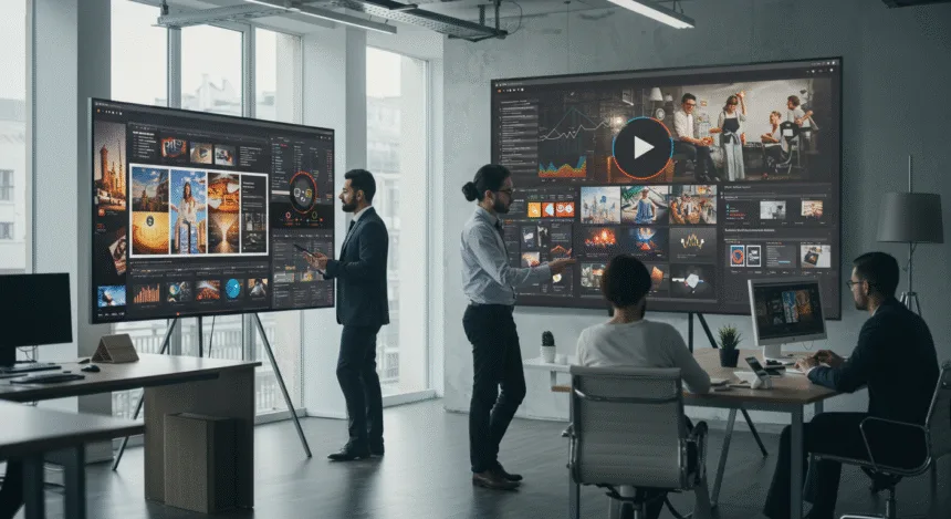 Entrepreneurs reviewing creative video ads on laptops and big screens in a modern office, symbolizing business growth through video marketing.