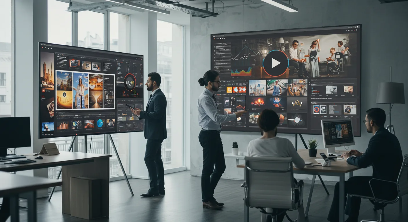 Entrepreneurs reviewing creative video ads on laptops and big screens in a modern office, symbolizing business growth through video marketing.