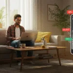 A relaxed entrepreneur in a bright, modern living room working on a laptop, with a phone nearby showing passive income notifications, symbolizing financial freedom in 2025.