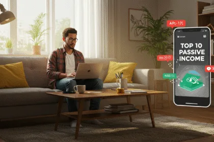A relaxed entrepreneur in a bright, modern living room working on a laptop, with a phone nearby showing passive income notifications, symbolizing financial freedom in 2025.