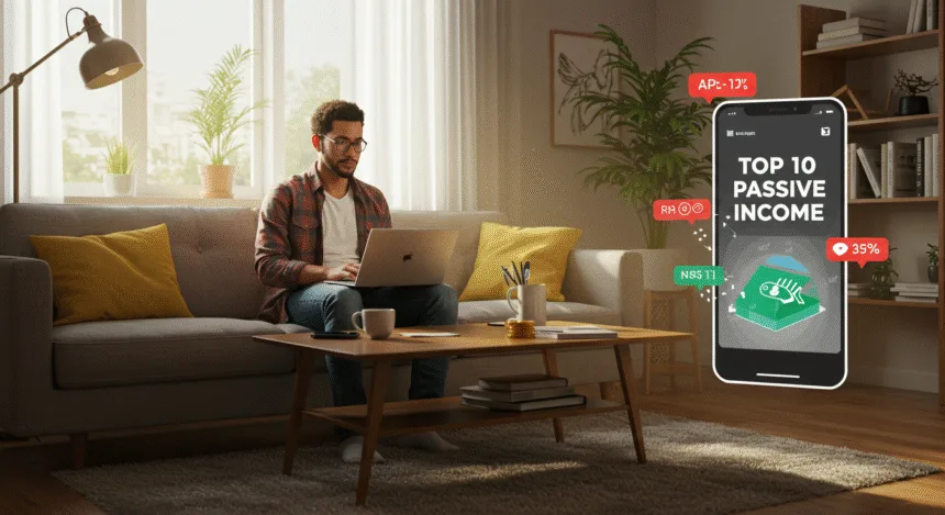 A relaxed entrepreneur in a bright, modern living room working on a laptop, with a phone nearby showing passive income notifications, symbolizing financial freedom in 2025.