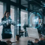 Futuristic business environment with AI-powered automation tools, data dashboards, and professionals collaborating to boost growth and efficiency.