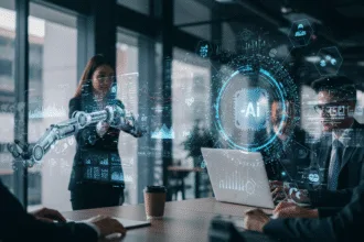 Futuristic business environment with AI-powered automation tools, data dashboards, and professionals collaborating to boost growth and efficiency.