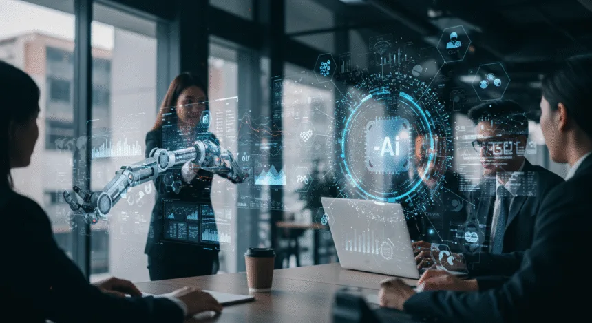 Futuristic business environment with AI-powered automation tools, data dashboards, and professionals collaborating to boost growth and efficiency.