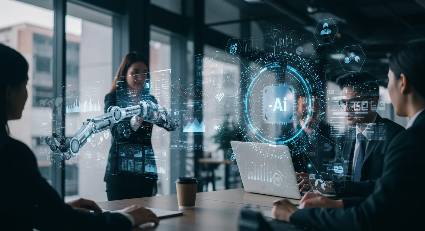 Futuristic business environment with AI-powered automation tools, data dashboards, and professionals collaborating to boost growth and efficiency.