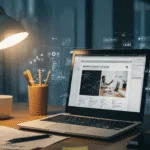 Modern workspace with laptop showing website design and digital elements symbolizing website development and business growth.