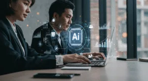 Entrepreneurs using AI automation tools in a modern office to streamline workflows and boost productivity