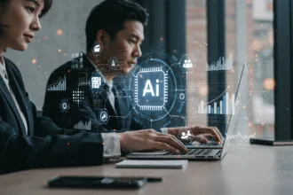 Entrepreneurs using AI automation tools in a modern office to streamline workflows and boost productivity