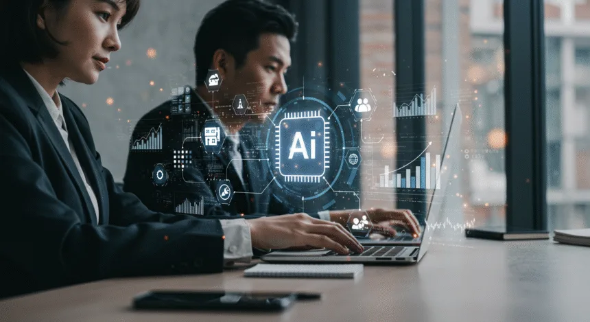 Entrepreneurs using AI automation tools in a modern office to streamline workflows and boost productivity