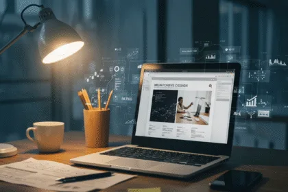 Modern workspace with laptop showing website design and digital elements symbolizing website development and business growth.