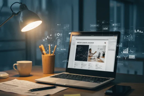 Modern workspace with laptop showing website design and digital elements symbolizing website development and business growth.
