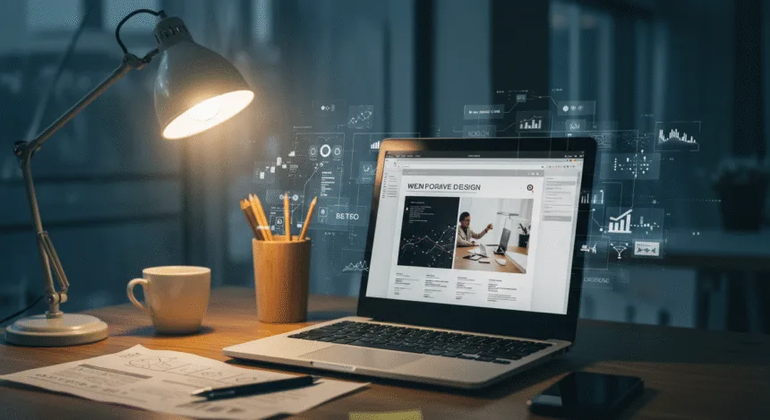 Modern workspace with laptop showing website design and digital elements symbolizing website development and business growth.