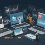 Publishers reviewing ad revenue dashboards with futuristic digital advertising visuals in 2025