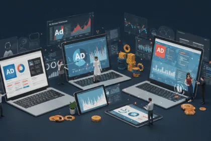 Publishers reviewing ad revenue dashboards with futuristic digital advertising visuals in 2025