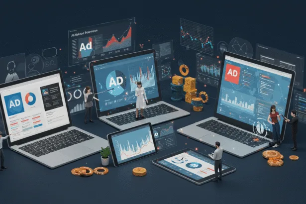 Publishers reviewing ad revenue dashboards with futuristic digital advertising visuals in 2025