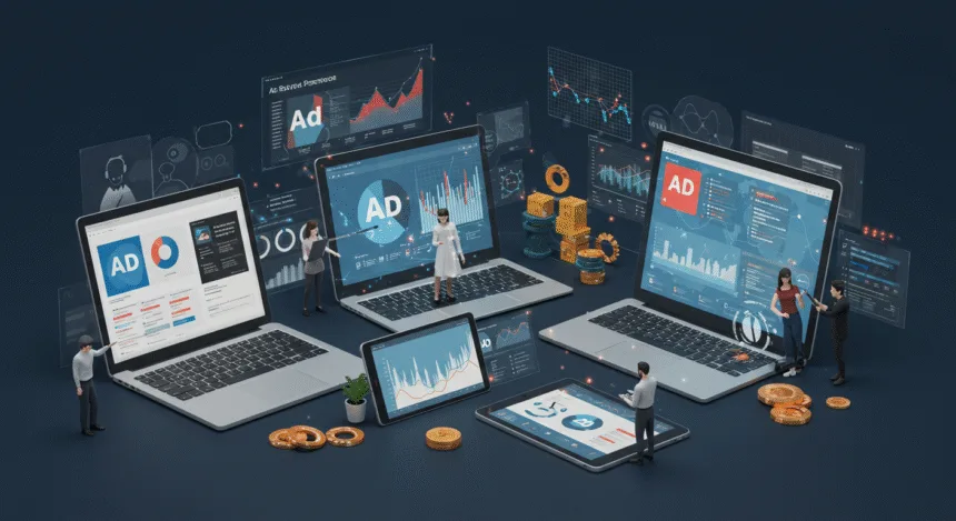 Publishers reviewing ad revenue dashboards with futuristic digital advertising visuals in 2025