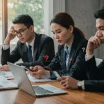 Business team reviewing poor app performance data, symbolizing costly mistakes businesses must avoid.