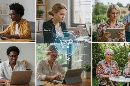 Entrepreneurs and freelancers working remotely in 2025, using laptops, tablets, and smartphones across home offices, co-working spaces, and outdoor setups to manage e-commerce, freelance projects, and digital businesses.