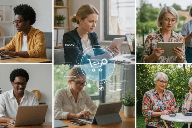 Entrepreneurs and freelancers working remotely in 2025, using laptops, tablets, and smartphones across home offices, co-working spaces, and outdoor setups to manage e-commerce, freelance projects, and digital businesses.