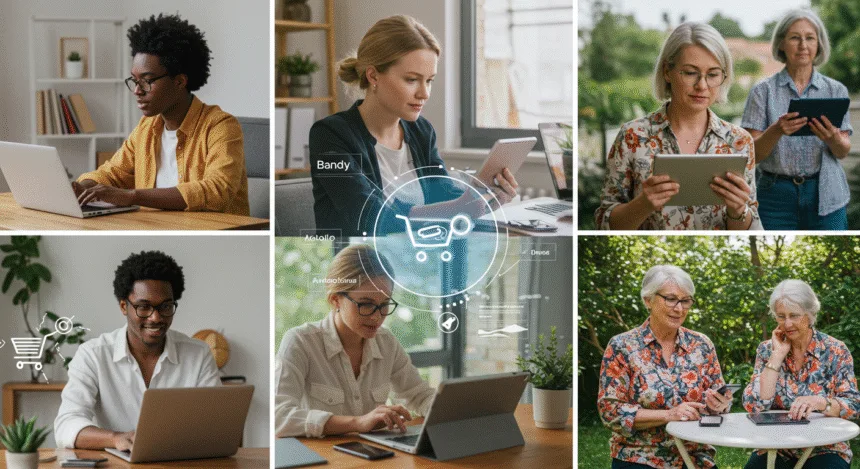 Entrepreneurs and freelancers working remotely in 2025, using laptops, tablets, and smartphones across home offices, co-working spaces, and outdoor setups to manage e-commerce, freelance projects, and digital businesses.