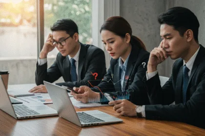 Business team reviewing poor app performance data, symbolizing costly mistakes businesses must avoid.