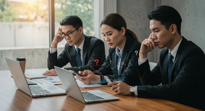 Business team reviewing poor app performance data, symbolizing costly mistakes businesses must avoid.