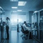 Professionals using cloud services and data dashboards in a modern office, illustrating efficient cloud solutions for business growth.