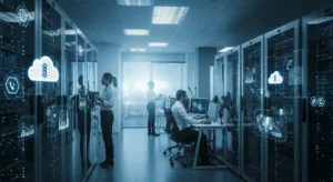 Professionals using cloud services and data dashboards in a modern office, illustrating efficient cloud solutions for business growth.