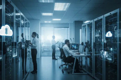 Professionals using cloud services and data dashboards in a modern office, illustrating efficient cloud solutions for business growth.